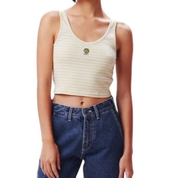 Obey Women’s Lightweight Sunny Stripe Crop Tank with Sun Embroidery Size Medium - Picture 2 of 8